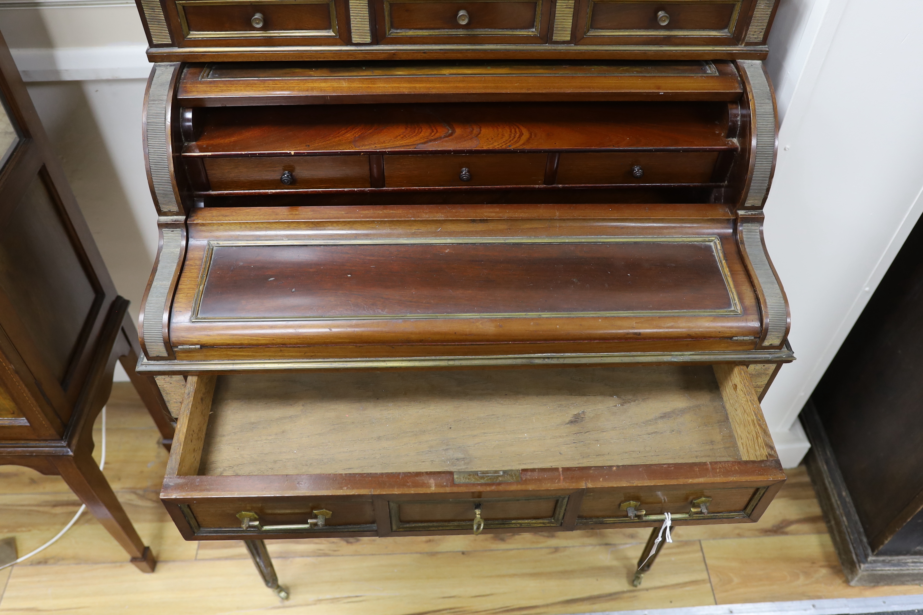 An early 20th century Louis XVI style mahogany and brass mounted Vernis Martin cylinder bureau, width 76cm, depth 50cm, height 110cm
